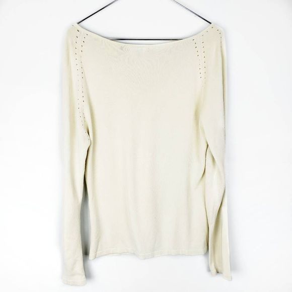 BCBG MAX AZRIA Canary Yellow Silk Eyelet Long Sleeve V Neck Knit Sweater Large - Picture 6 of 7
